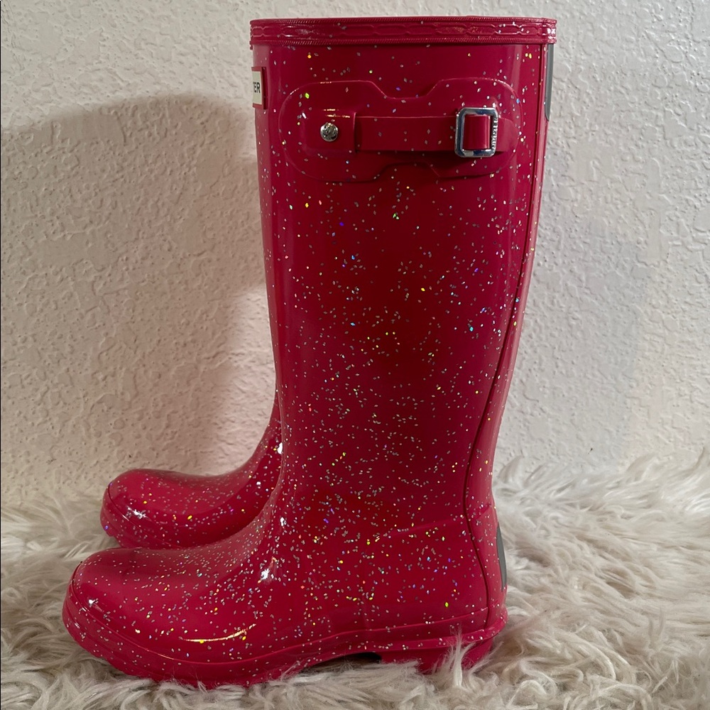 HUNTER Glitter Shiny Rain Boots Waterproof Pink Size 5 NEW - Picture 3 of 12